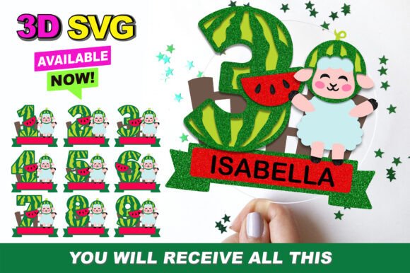 Baby Sheep Watermelon Numbers Topper: 3D SVG for Birthdays