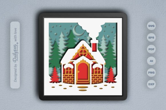 Snowy Christmas Cabin Layered Papercut: 3D SVG for Winter